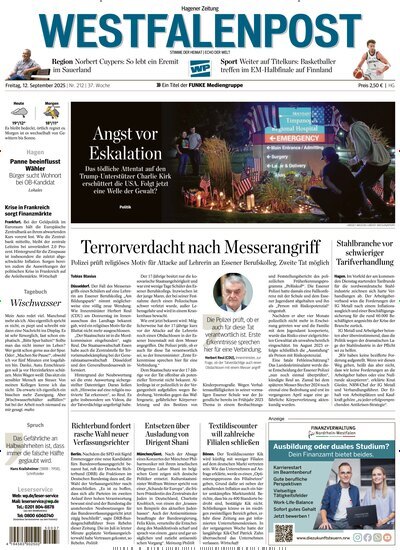 Titelbild der Ausgabe 212/2025 von Westfalenpost Hagen Süd. Diese Zeitschrift und viele weitere Zeitungsabos als Abo oder epaper bei United Kiosk online kaufen.
