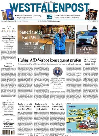 Titelbild der Ausgabe 212/2026 von Westfalenpost Hagen Süd. Diese Zeitschrift und viele weitere Zeitungsabos als Abo oder epaper bei United Kiosk online kaufen.