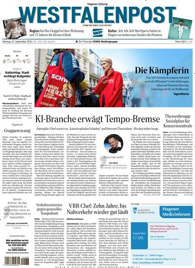 Titelbild der Ausgabe 213/2026 von Westfalenpost Hagen Süd. Diese Zeitschrift und viele weitere Zeitungsabos als Abo oder epaper bei United Kiosk online kaufen.