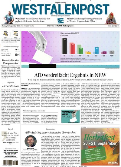 Titelbild der Ausgabe 214/2025 von Westfalenpost Hagen Süd. Diese Zeitschrift und viele weitere Zeitungsabos als Abo oder epaper bei United Kiosk online kaufen.