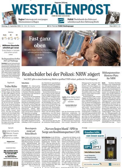 Titelbild der Ausgabe 214/2026 von Westfalenpost Hagen Süd. Diese Zeitschrift und viele weitere Zeitungsabos als Abo oder epaper bei United Kiosk online kaufen.