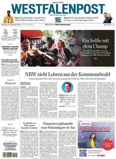 Titelbild der Ausgabe 215/2025 von Westfalenpost Hagen Süd. Diese Zeitschrift und viele weitere Zeitungsabos als Abo oder epaper bei United Kiosk online kaufen.