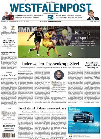Titelbild der Ausgabe 216/2025 von Westfalenpost Hagen Süd. Diese Zeitschrift und viele weitere Zeitungsabos als Abo oder epaper bei United Kiosk online kaufen.