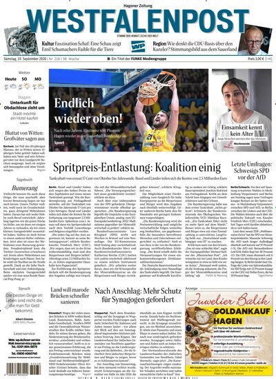 Titelbild der Ausgabe 218/2026 von Westfalenpost Hagen Süd. Diese Zeitschrift und viele weitere Zeitungsabos als Abo oder epaper bei United Kiosk online kaufen.