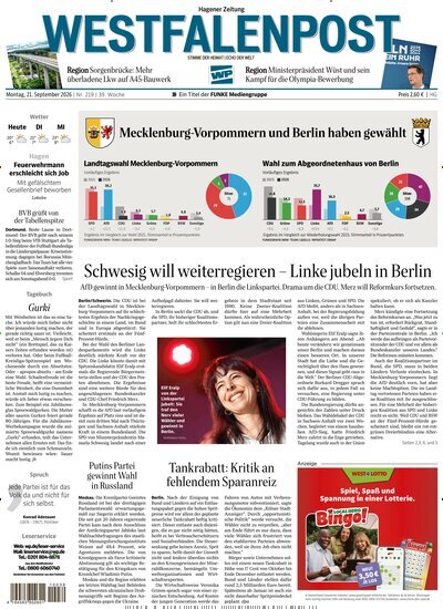 Titelbild der Ausgabe 219/2026 von Westfalenpost Hagen Süd. Diese Zeitschrift und viele weitere Zeitungsabos als Abo oder epaper bei United Kiosk online kaufen.
