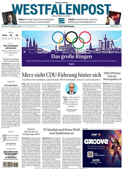 Titelbild der Ausgabe 220/2026 von Westfalenpost Hagen Süd. Diese Zeitschrift und viele weitere Zeitungsabos als Abo oder epaper bei United Kiosk online kaufen.