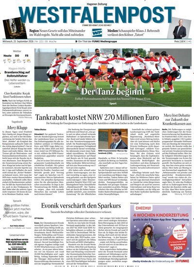 Titelbild der Ausgabe 221/2026 von Westfalenpost Hagen Süd. Diese Zeitschrift und viele weitere Zeitungsabos als Abo oder epaper bei United Kiosk online kaufen.