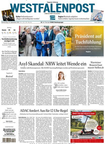 Titelbild der Ausgabe 222/2026 von Westfalenpost Hagen Süd. Diese Zeitschrift und viele weitere Zeitungsabos als Abo oder epaper bei United Kiosk online kaufen.
