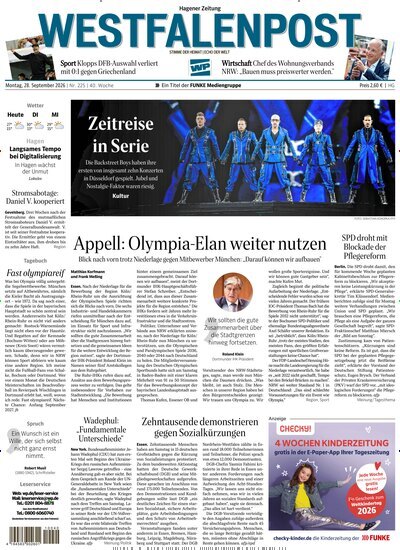 Titelbild der Ausgabe 225/2026 von Westfalenpost Hagen Süd. Diese Zeitschrift und viele weitere Zeitungsabos als Abo oder epaper bei United Kiosk online kaufen.
