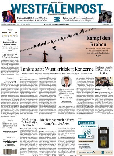 Titelbild der Ausgabe 230/2026 von Westfalenpost Hagen Süd. Diese Zeitschrift und viele weitere Zeitungsabos als Abo oder epaper bei United Kiosk online kaufen.