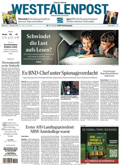 Titelbild der Ausgabe 232/2026 von Westfalenpost Hagen Süd. Diese Zeitschrift und viele weitere Zeitungsabos als Abo oder epaper bei United Kiosk online kaufen.