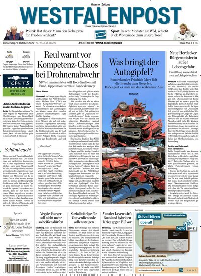 Titelbild der Ausgabe 234/2025 von Westfalenpost Hagen Süd. Diese Zeitschrift und viele weitere Zeitungsabos als Abo oder epaper bei United Kiosk online kaufen.