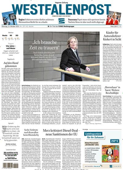 Titelbild der Ausgabe 237/2026 von Westfalenpost Hagen Süd. Diese Zeitschrift und viele weitere Zeitungsabos als Abo oder epaper bei United Kiosk online kaufen.