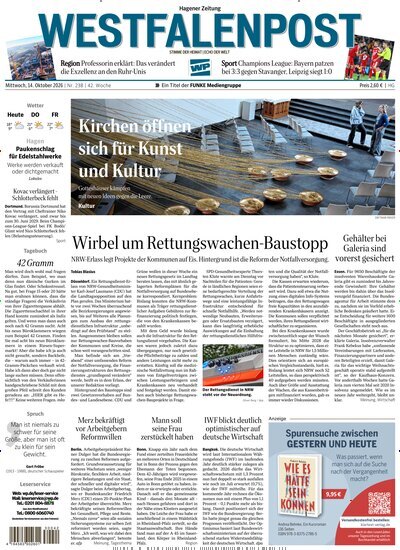 Titelbild der Ausgabe 238/2026 von Westfalenpost Hagen Süd. Diese Zeitschrift und viele weitere Zeitungsabos als Abo oder epaper bei United Kiosk online kaufen.