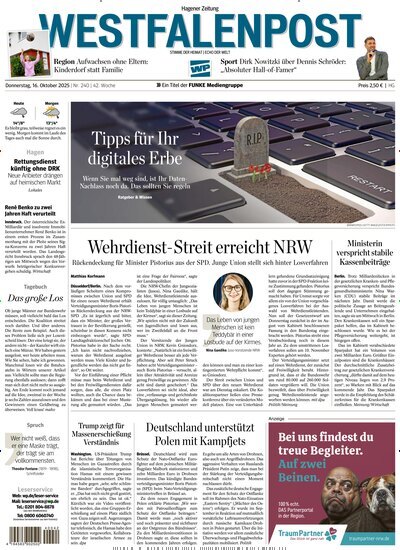 Titelbild der Ausgabe 240/2025 von Westfalenpost Hagen Süd. Diese Zeitschrift und viele weitere Zeitungsabos als Abo oder epaper bei United Kiosk online kaufen.