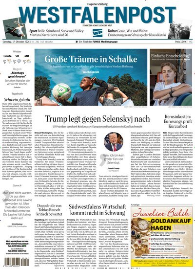 Titelbild der Ausgabe 241/2026 von Westfalenpost Hagen Süd. Diese Zeitschrift und viele weitere Zeitungsabos als Abo oder epaper bei United Kiosk online kaufen.