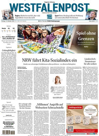 Titelbild der Ausgabe 246/2026 von Westfalenpost Hagen Süd. Diese Zeitschrift und viele weitere Zeitungsabos als Abo oder epaper bei United Kiosk online kaufen.