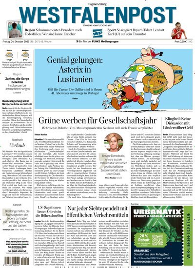 Titelbild der Ausgabe 247/2025 von Westfalenpost Hagen Süd. Diese Zeitschrift und viele weitere Zeitungsabos als Abo oder epaper bei United Kiosk online kaufen.