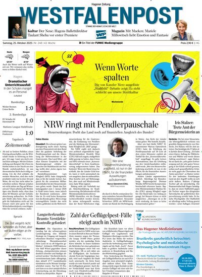 Titelbild der Ausgabe 248/2025 von Westfalenpost Hagen Süd. Diese Zeitschrift und viele weitere Zeitungsabos als Abo oder epaper bei United Kiosk online kaufen.