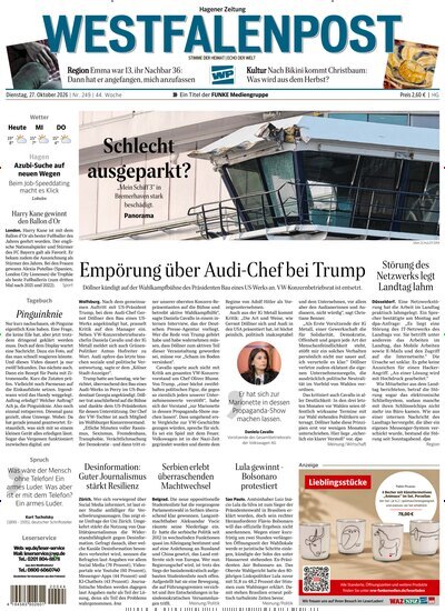 Titelbild der Ausgabe 249/2026 von Westfalenpost Hagen Süd. Diese Zeitschrift und viele weitere Zeitungsabos als Abo oder epaper bei United Kiosk online kaufen.
