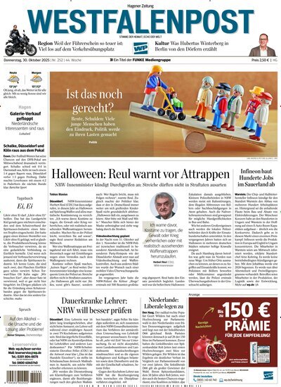 Titelbild der Ausgabe 252/2025 von Westfalenpost Hagen Süd. Diese Zeitschrift und viele weitere Zeitungsabos als Abo oder epaper bei United Kiosk online kaufen.