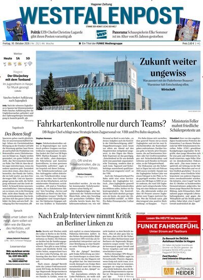 Titelbild der Ausgabe 252/2026 von Westfalenpost Hagen Süd. Diese Zeitschrift und viele weitere Zeitungsabos als Abo oder epaper bei United Kiosk online kaufen.