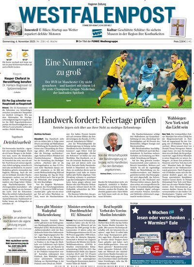 Titelbild der Ausgabe 257/2025 von Westfalenpost Hagen Süd. Diese Zeitschrift und viele weitere Zeitungsabos als Abo oder epaper bei United Kiosk online kaufen.