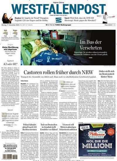 Titelbild der Ausgabe 266/2025 von Westfalenpost Hagen Süd. Diese Zeitschrift und viele weitere Zeitungsabos als Abo oder epaper bei United Kiosk online kaufen.