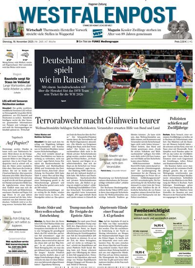 Titelbild der Ausgabe 267/2025 von Westfalenpost Hagen Süd. Diese Zeitschrift und viele weitere Zeitungsabos als Abo oder epaper bei United Kiosk online kaufen.