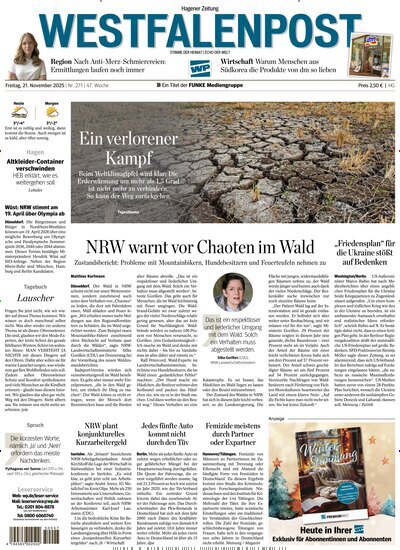 Titelbild der Ausgabe 270/2025 von Westfalenpost Hagen Süd. Diese Zeitschrift und viele weitere Zeitungsabos als Abo oder epaper bei United Kiosk online kaufen.