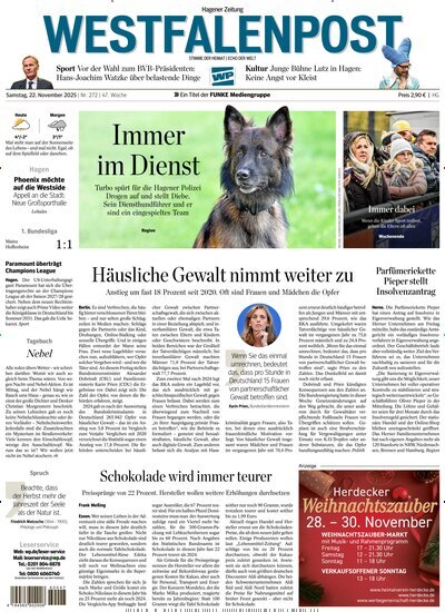 Titelbild der Ausgabe 271/2025 von Westfalenpost Hagen Süd. Diese Zeitschrift und viele weitere Zeitungsabos als Abo oder epaper bei United Kiosk online kaufen.