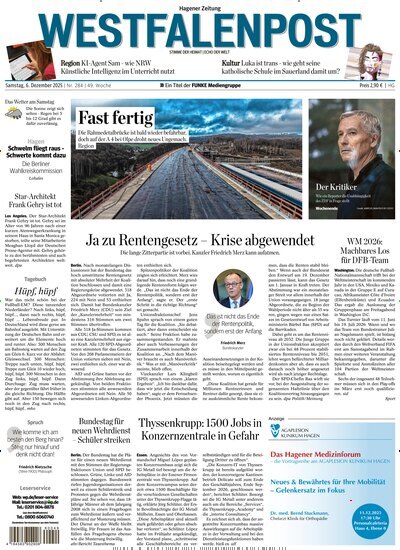 Titelbild der Ausgabe 284/2025 von Westfalenpost Hagen Süd. Diese Zeitschrift und viele weitere Zeitungsabos als Abo oder epaper bei United Kiosk online kaufen.