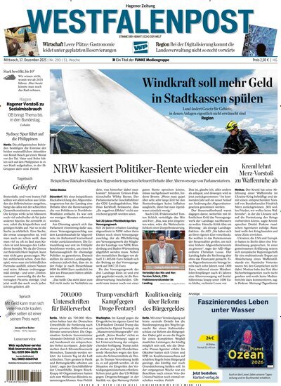 Titelbild der Ausgabe 293/2025 von Westfalenpost Hagen Süd. Diese Zeitschrift und viele weitere Zeitungsabos als Abo oder epaper bei United Kiosk online kaufen.