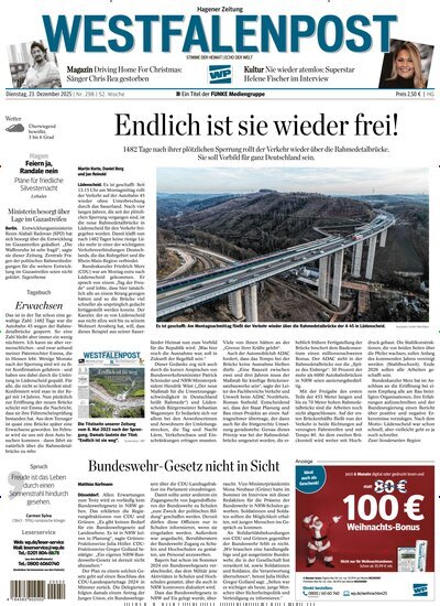 Titelbild der Ausgabe 298/2025 von Westfalenpost Hagen Süd. Diese Zeitschrift und viele weitere Zeitungsabos als Abo oder epaper bei United Kiosk online kaufen.