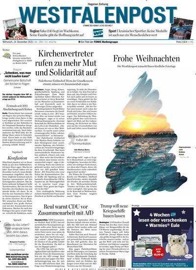 Titelbild der Ausgabe 299/2025 von Westfalenpost Hagen Süd. Diese Zeitschrift und viele weitere Zeitungsabos als Abo oder epaper bei United Kiosk online kaufen.