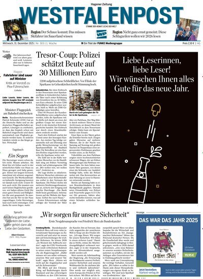 Titelbild der Ausgabe 303/2025 von Westfalenpost Hagen Süd. Diese Zeitschrift und viele weitere Zeitungsabos als Abo oder epaper bei United Kiosk online kaufen.