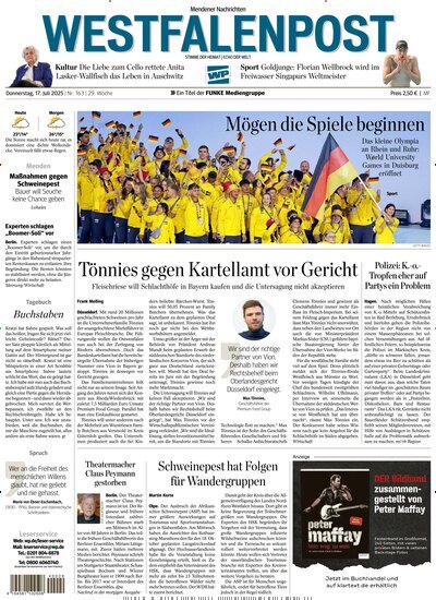 Titelbild der Ausgabe 163/2025 von Westfalenpost Menden. Diese Zeitschrift und viele weitere Zeitungsabos als Abo oder epaper bei United Kiosk online kaufen.