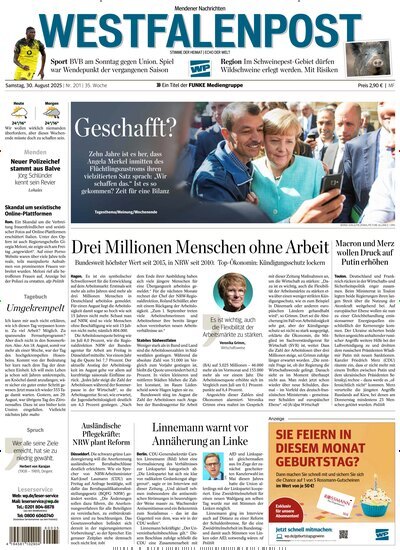 Titelbild der Ausgabe 201/2025 von Westfalenpost Menden. Diese Zeitschrift und viele weitere Zeitungsabos als Abo oder epaper bei United Kiosk online kaufen.