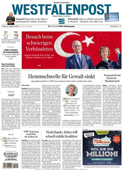 Titelbild der Ausgabe 253/2025 von Westfalenpost Menden. Diese Zeitschrift und viele weitere Zeitungsabos als Abo oder epaper bei United Kiosk online kaufen.
