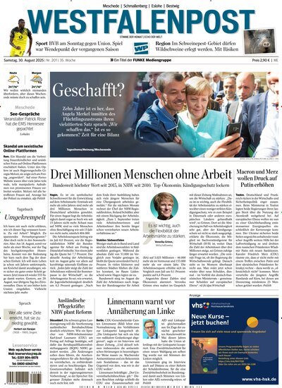 Titelbild der Ausgabe 201/2025 von Westfalenpost Meschede. Diese Zeitschrift und viele weitere Zeitungsabos als Abo oder epaper bei United Kiosk online kaufen.
