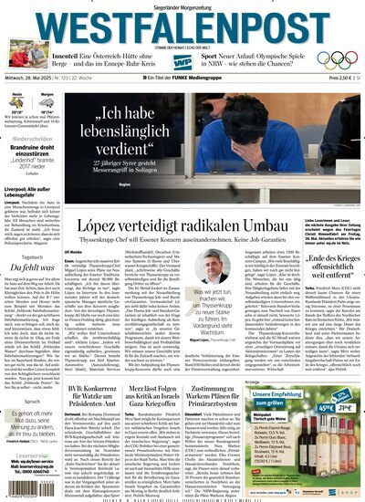 Titelbild der Ausgabe 123/2025 von Westfalenpost Siegen. Diese Zeitschrift und viele weitere Zeitungsabos als Abo oder epaper bei United Kiosk online kaufen.