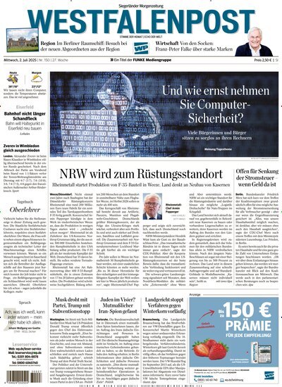 Titelbild der Ausgabe 150/2025 von Westfalenpost Siegen. Diese Zeitschrift und viele weitere Zeitungsabos als Abo oder epaper bei United Kiosk online kaufen.