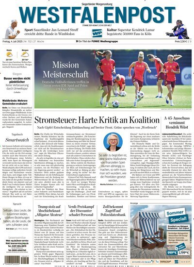 Titelbild der Ausgabe 152/2025 von Westfalenpost Siegen. Diese Zeitschrift und viele weitere Zeitungsabos als Abo oder epaper bei United Kiosk online kaufen.