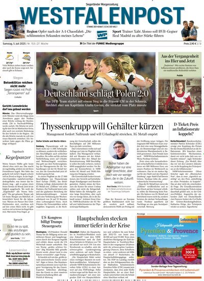 Titelbild der Ausgabe 153/2025 von Westfalenpost Siegen. Diese Zeitschrift und viele weitere Zeitungsabos als Abo oder epaper bei United Kiosk online kaufen.