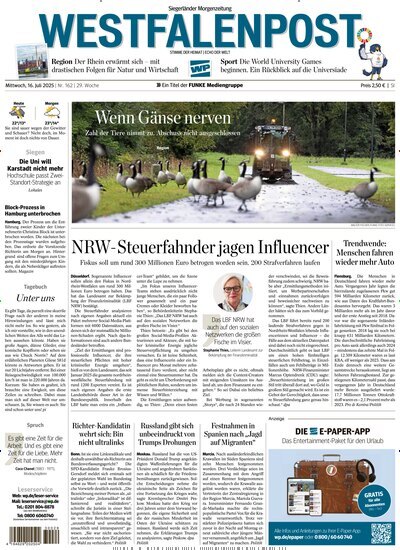 Titelbild der Ausgabe 162/2025 von Westfalenpost Siegen. Diese Zeitschrift und viele weitere Zeitungsabos als Abo oder epaper bei United Kiosk online kaufen.