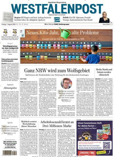 Titelbild der Ausgabe 176/2025 von Westfalenpost Siegen. Diese Zeitschrift und viele weitere Zeitungsabos als Abo oder epaper bei United Kiosk online kaufen.