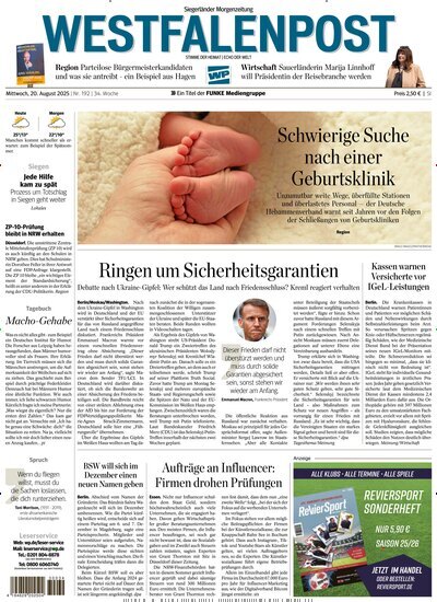Titelbild der Ausgabe 192/2025 von Westfalenpost Siegen. Diese Zeitschrift und viele weitere Zeitungsabos als Abo oder epaper bei United Kiosk online kaufen.