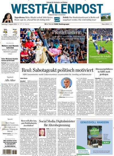 Titelbild der Ausgabe 177/2025 von Westfalenpost Wetter. Diese Zeitschrift und viele weitere Zeitungsabos als Abo oder epaper bei United Kiosk online kaufen.