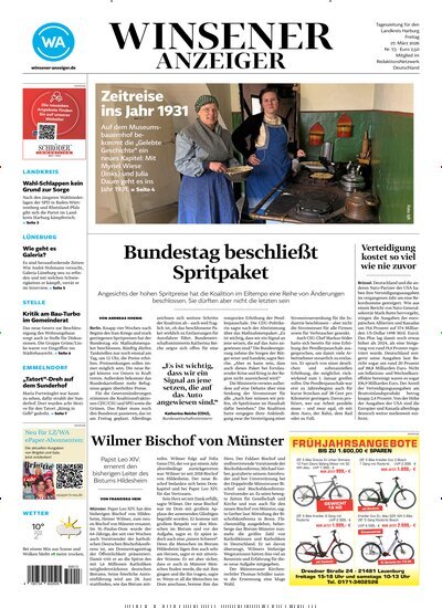 Titelbild der Ausgabe 73/2026 von Winsener Anzeiger. Diese Zeitschrift und viele weitere Zeitungsabos als Abo oder epaper bei United Kiosk online kaufen.