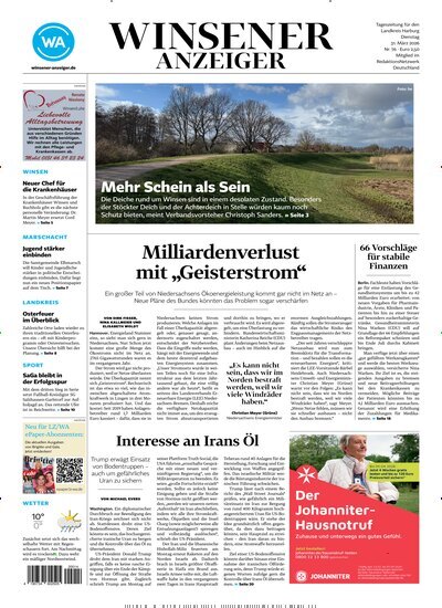 Titelbild der Ausgabe 76/2026 von Winsener Anzeiger. Diese Zeitschrift und viele weitere Zeitungsabos als Abo oder epaper bei United Kiosk online kaufen.